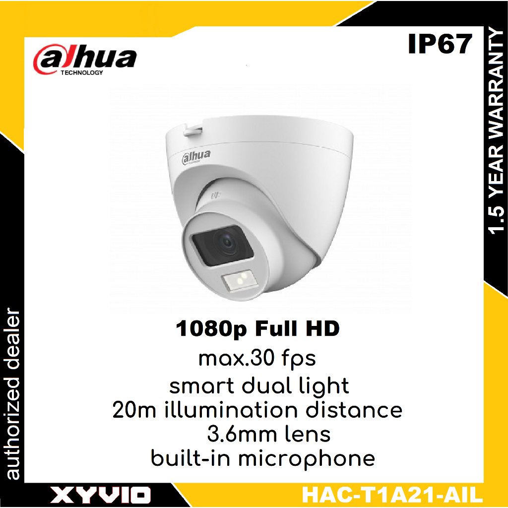 DAHUA HAC-T1A21-A-IL Analog 2MP Fix 3.6mm เลนส์ Build In Mic Smart Dual Light HDCVI Eyeball Dome กล้