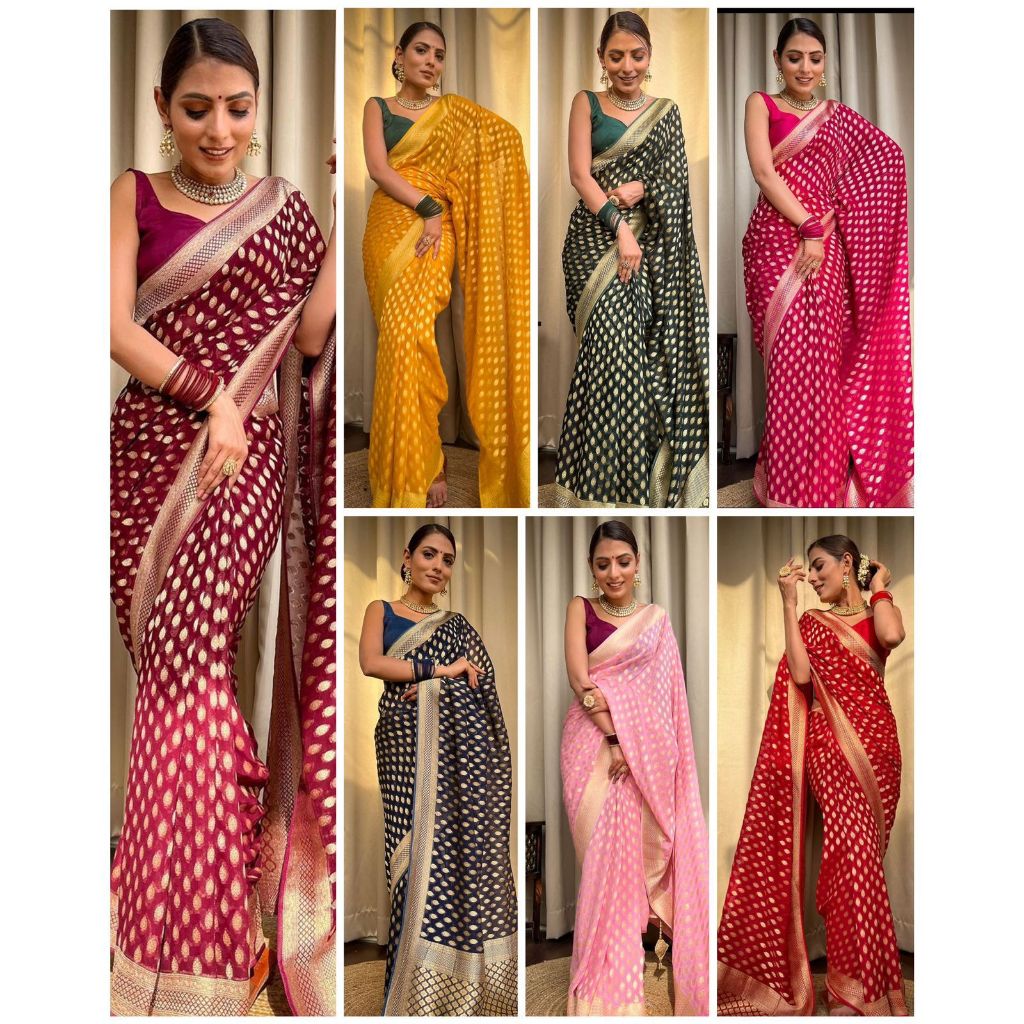 Saree Silk Saree แบบนุ่มพร้อมเสื้อ Contrast / Saree งานแต่งงานสําหรับผู้หญิง / Saree เพื่อนเจ้าสาว