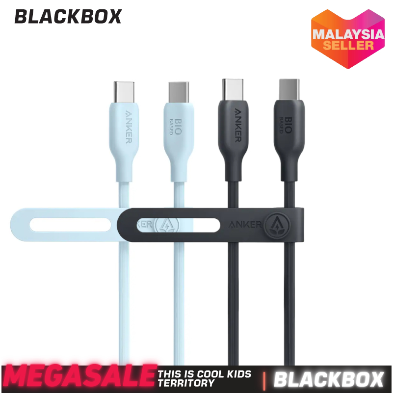 Anker 544 สาย USB C ถึง USB C ชาร์จเร็ว 100W 3ft 0.9m สายไฟเมตร Bio-based ทนทานสีฟ้า/สีดํา