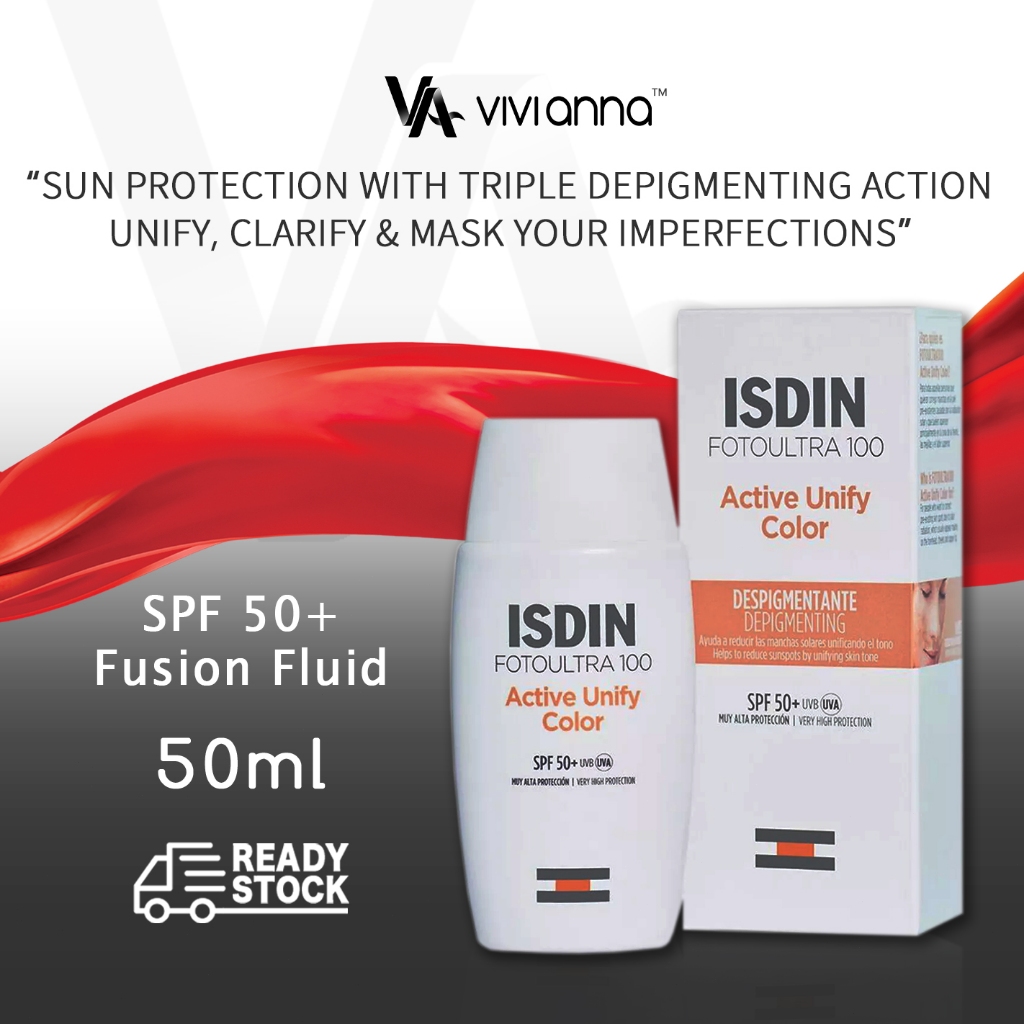 Tinted ISDIN Sunscreen 50ml, ISDIN Fotoultra Active Unify Color SPF 50+ Fusion Fluid, No White Cast 