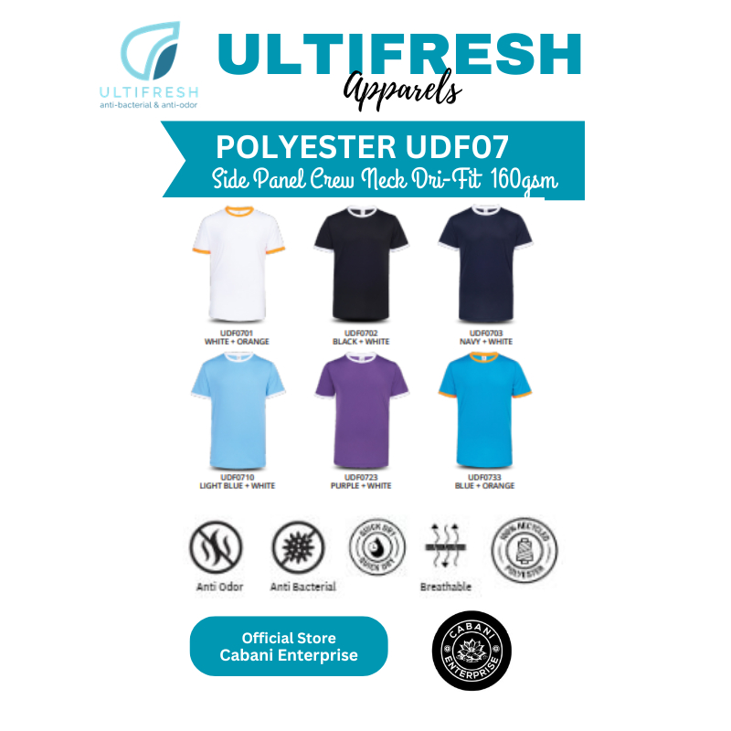 ULTIFRESH UDF07 Unisex ด้านข้างแผงลูกเรือคอ Dri-Fit เสื้อยืด Anti Bacterial Anti Odor tshirt tees