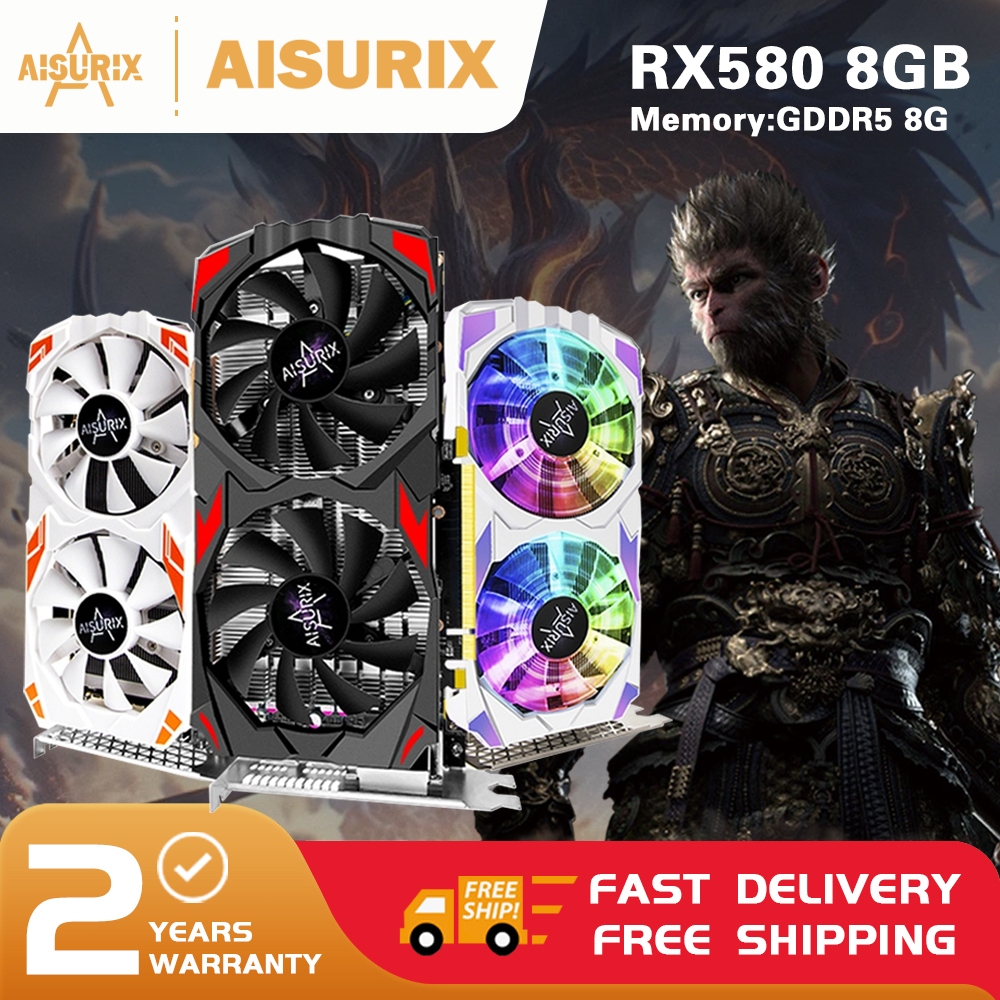 Aisurix ยี่ห้อใหม่กราฟิกการ์ด RX 580 8GB AMD Radeon คอมพิวเตอร์ GPU การ์ดสําหรับเล่นเกม Black Myth W