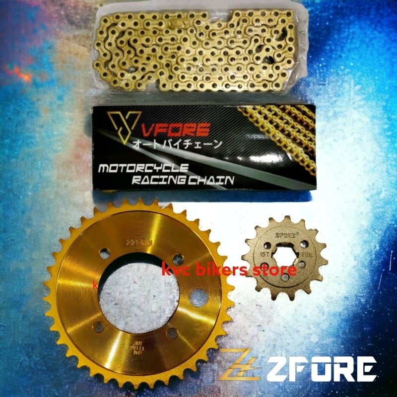 VFORE 415 GOLD CHAIN + ZFORE SPROCKET Y16ZR Y15ZR 4HOLE (LUBANG) HUB/LC135/Y125ZR/RXZ SIZE 27T-47T