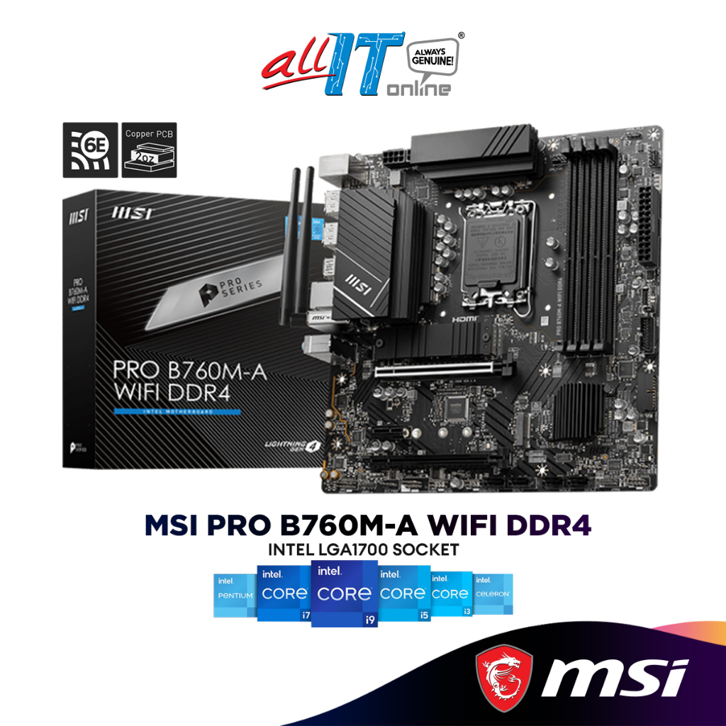 MSI PRO B760M-A WIFI DDR4 Micro ATX (mATX) เมนบอร์ด Intel Intel LGA1700 ซ็อกเก็ต