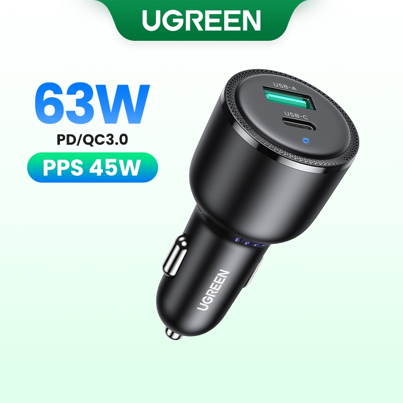 UGREEN 63W Car Charger / Dual (2) พอร์ต USB-A & USB-C / Fast Quick Charging Type A Type C Car Phone 