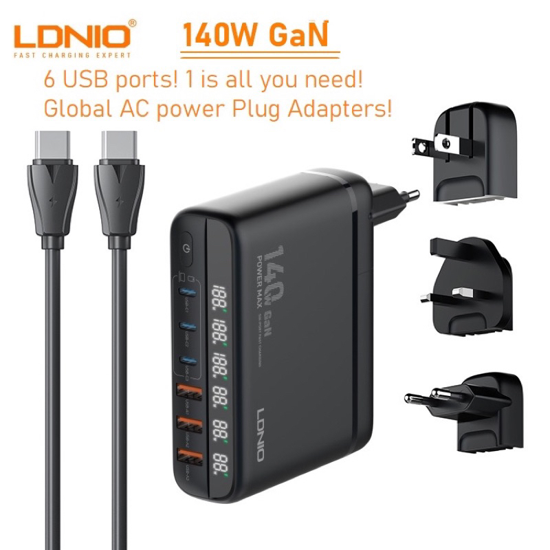 LDNIO A6140C PD3.0 140W PD140W GaN LED 6 พอร์ตแล็ปท็อปโน้ตบุ๊คสากลทั่วโลกทั่วโลก UK CN US EU Travel 