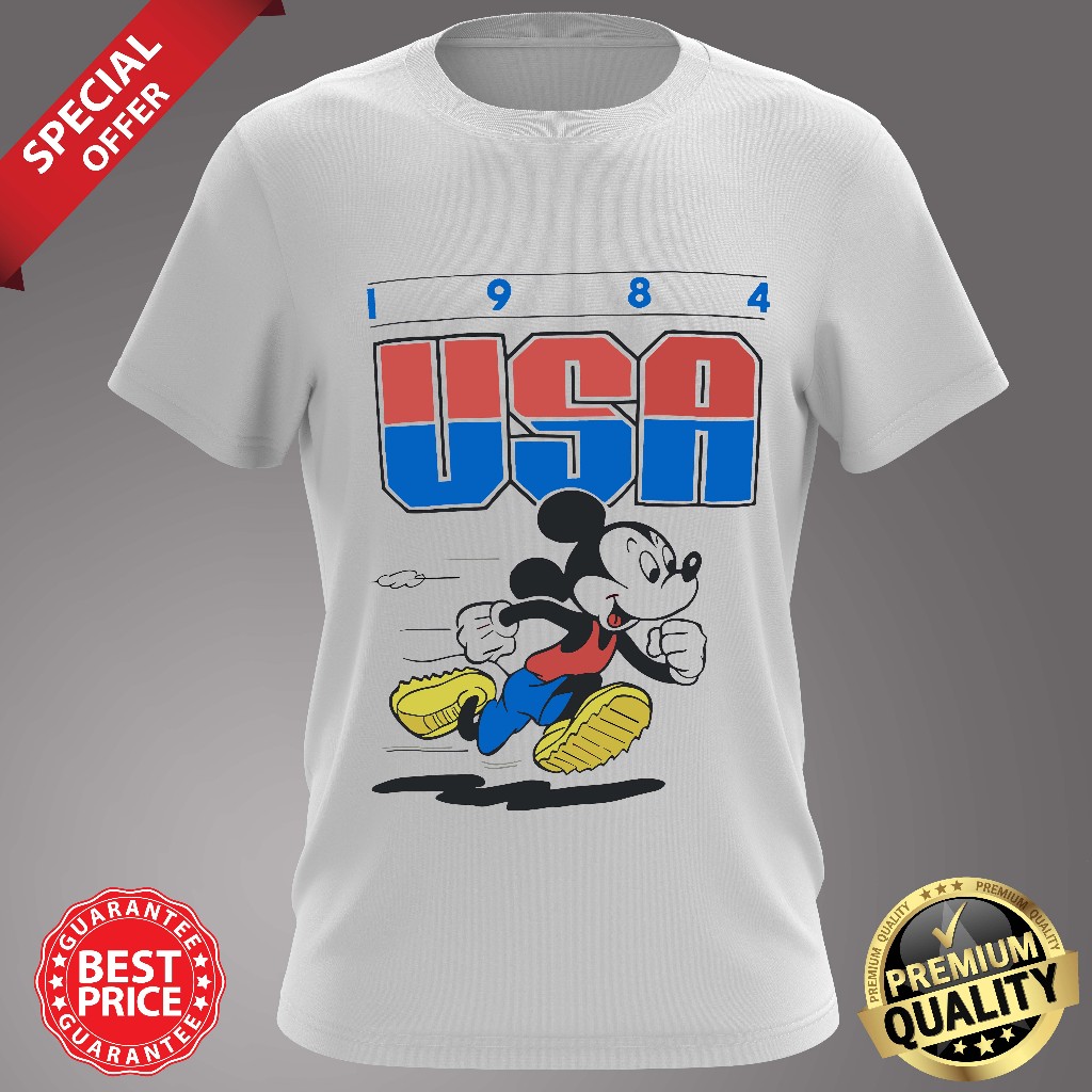 Baju VINTAGE OLYMPIC 1984 USA MICKEY MOUSE เสื้อยืดคอกลม