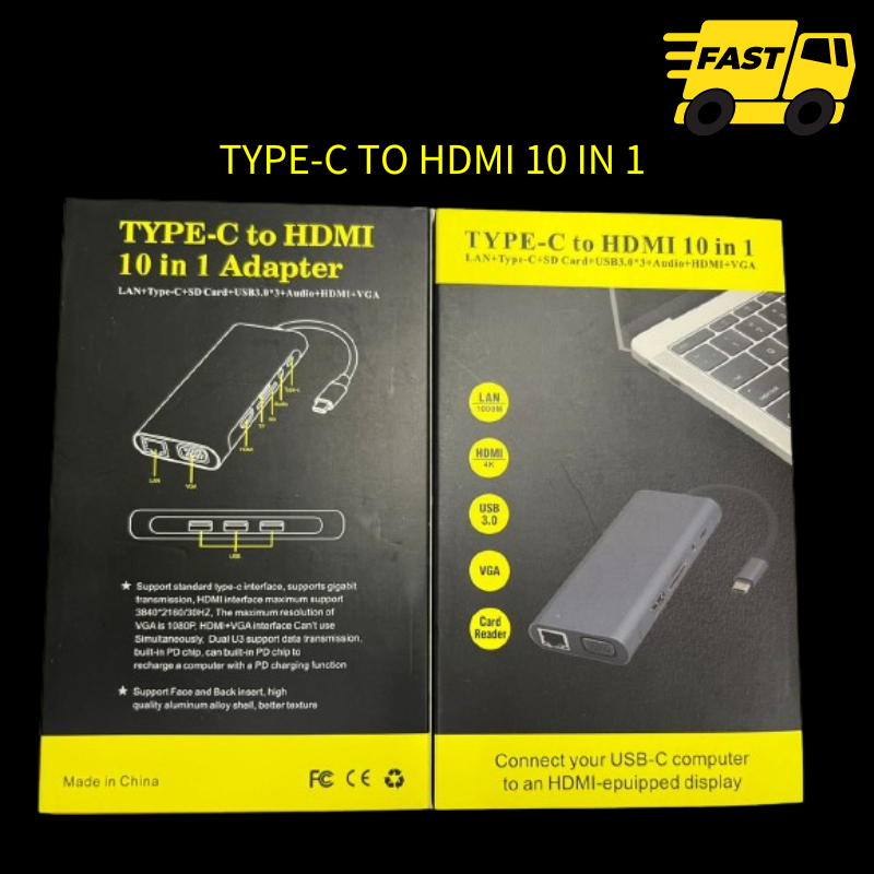 Type-C To HDMI 10 in 1 LAN + Type-C + การ์ด SD + USB3.0*3 + เสียง + HDMI + VGA