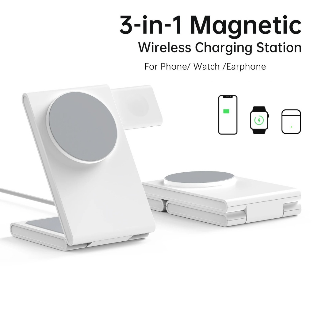 3 in 1 เครื่องชาร์จไร้สายแบบพับได้สถานีชาร์จอย่างรวดเร็วสําหรับ lPhone 15 14 ผู้ถือแท่นชาร์จแม่เหล็ก