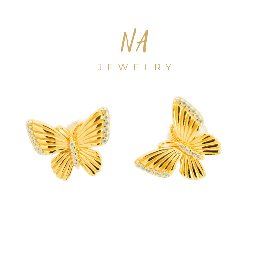 เครื่องประดับna GOLD PAVE BUTTERFLIES STUD EARRINGS งดงาม 18K Goldplated Silver 925 เงินสเตอร์ลิง เซ