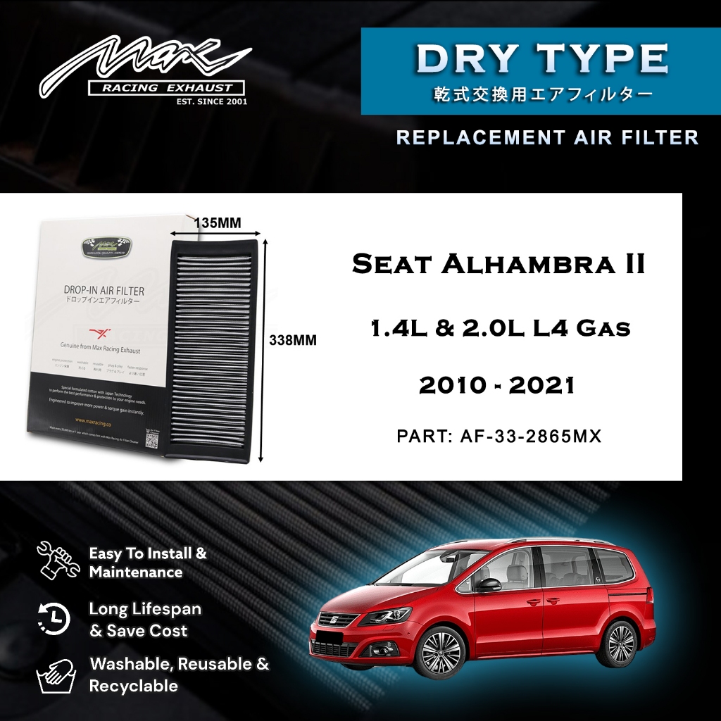 ที่นั่ง Alhambra II 1.4L & 2.0L L4 แก๊ส 2010 ถึง 2021 33-2865MX Max Racing Exhaust Performance Drop-
