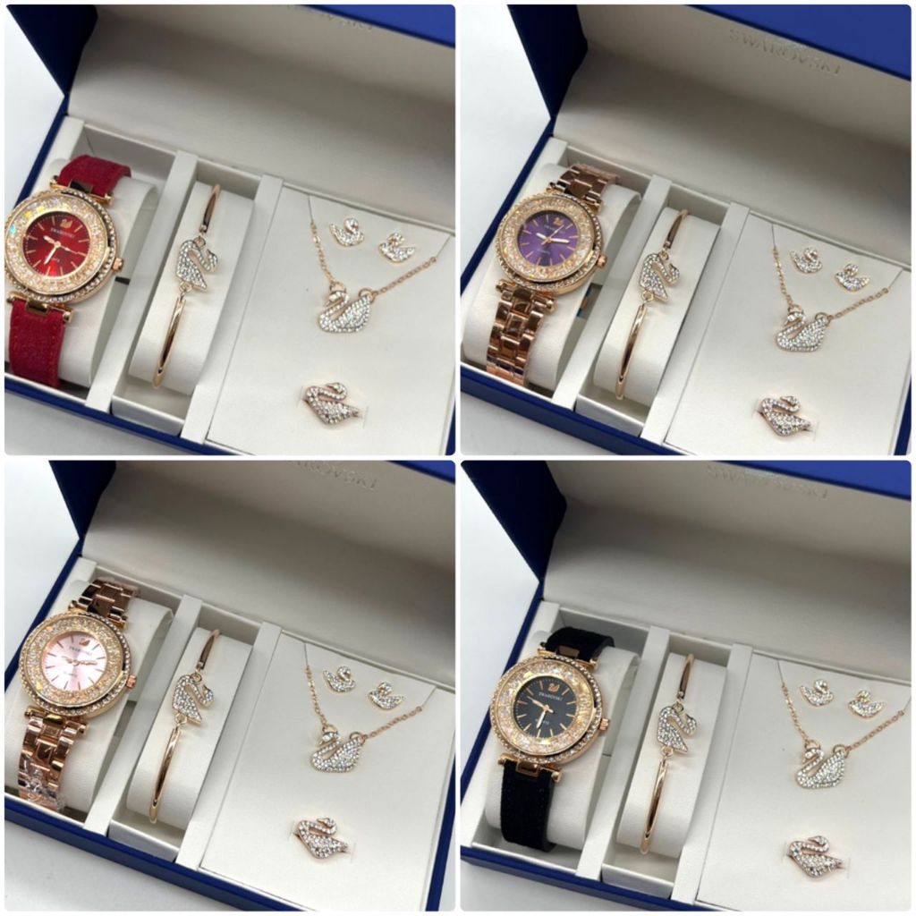 Swan 5 ชิ้น rosegold สแตนเลสสตีล/กํามะหยี่สายหนังนาฬิกาชุดสร้อยคอสร้อยข้อมือต่างหูแหวนกล่อง