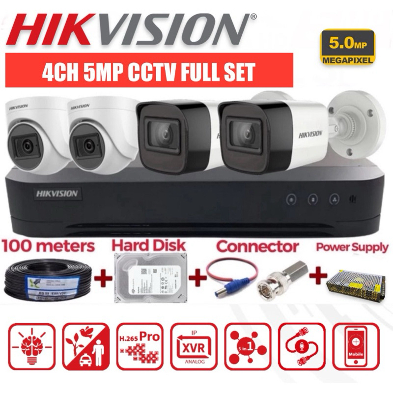 HIKVISION 5MP FULL SET 4 CHANNEL 5MP HD CCTV 4CH DVR + กล้อง + 1TB HARD DISK + 5A POWER SUPPLY + BNC