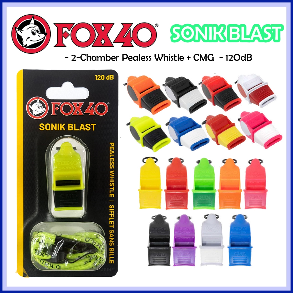 Fox 40 Sonik Blast CMG นกหวีด pealess พร้อมเชือกเส้นเล็ก Wisl 2-chamber purless 120 dB