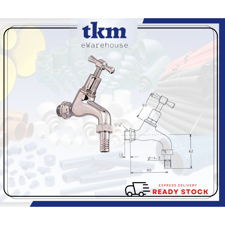 [TKM] DOE HB52 TEE Hose Bib Tap Brass Chrome Plated ½ Hose Bib with ½ หางท่อ, สกรูคอและที่จับ Tee