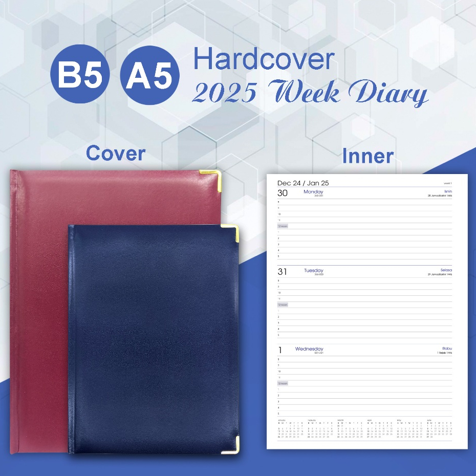 2025 A5 B5 Week To View Planner ไดอารี่โน้ตบุ๊คเบาะด้านหน้าและ hardback หนังมุมทอง buku diari
