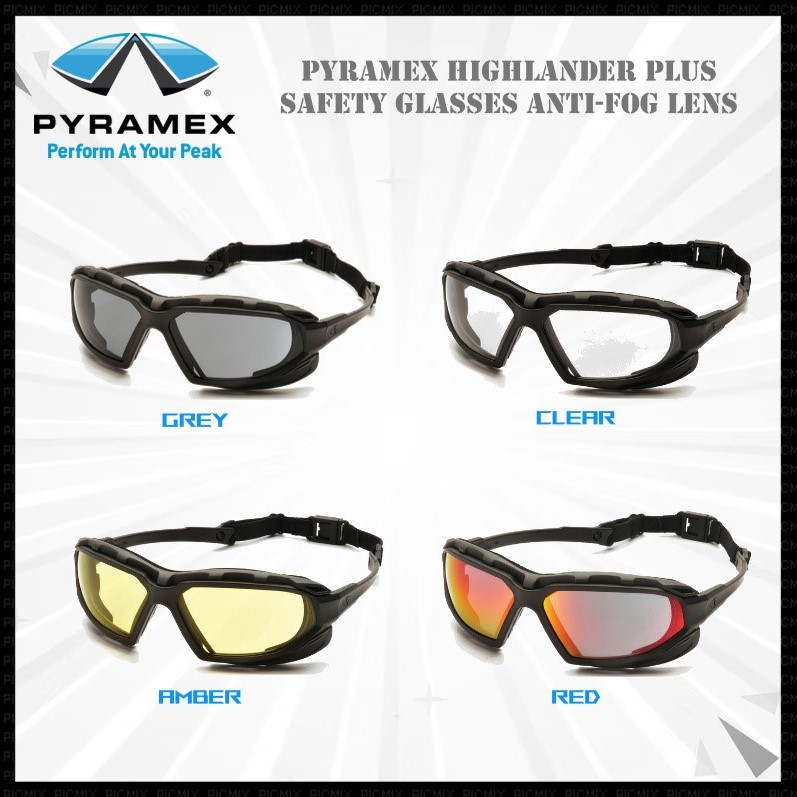 Pyramex Highlander Plus แว่นตานิรภัยโฟมสีดํากรอบเส้นสีเทา / เลนส์ป้องกันหมอกใส