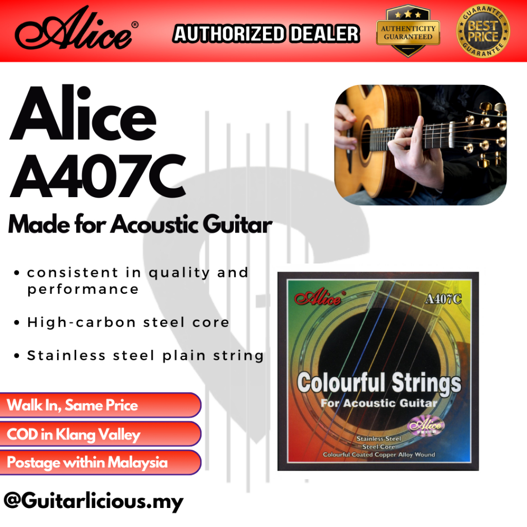 Alice Acoustic Colourful Strings A407C (011-052) (EBGDAE) 6 สาย 6 สาย 6 tali besi akustik gitar warn