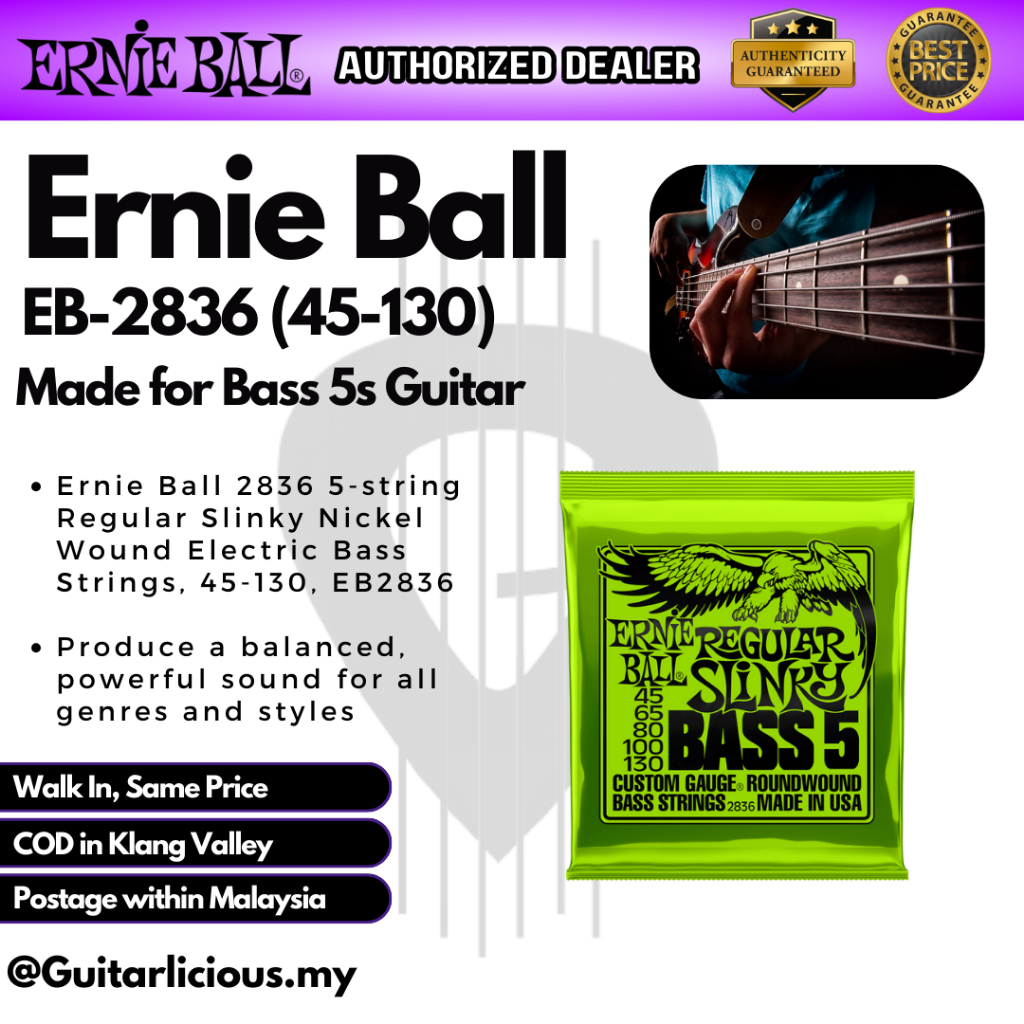 Ernie Ball 2836 Regular Slinky 5 สาย Nickel Wound สายเบสไฟฟ้า, สีเขียวนีออน - EB2836 / EB-2836 (45-1