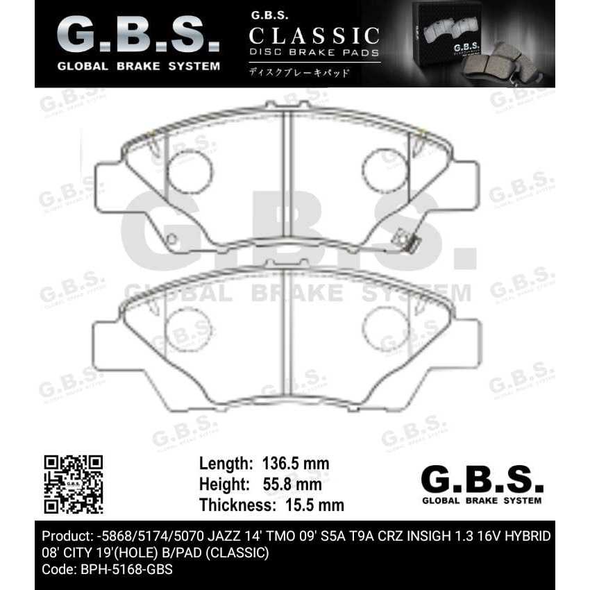 HONDA GN3 GN2 22 JAZZ 14 TMO 09 S5A T9A CRZ INSIGH 1.3 16V HYBRID 08 CITY 19 GBS ผ้าเบรคหน้า Depan B