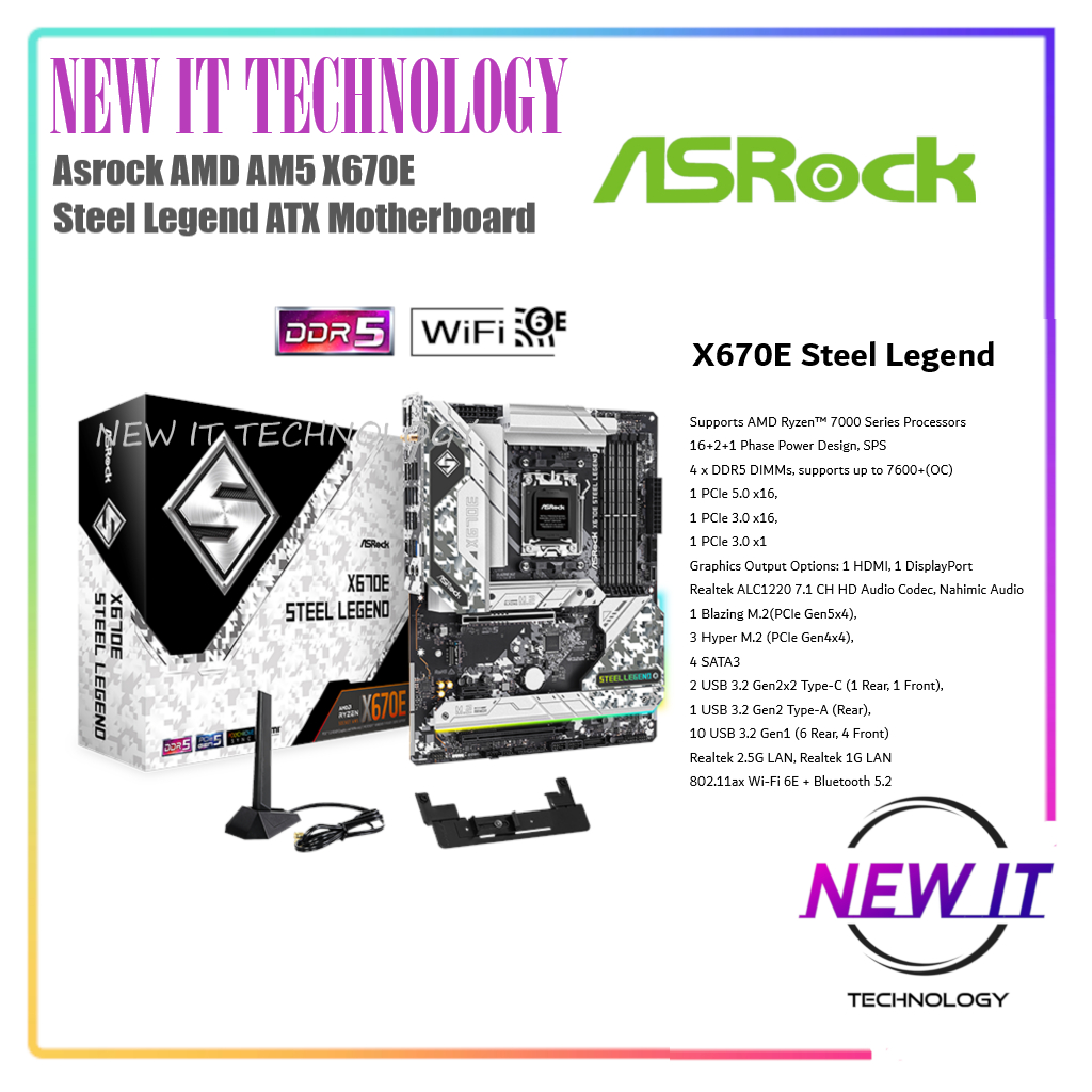 ASRock X670E STEEL LEGEND AM5 Ryzen 7000 AMD X670 SATA3 4xDDR5 ช่อง, PCIE 5.0X16, WIFI-6E ATX เมนบอร