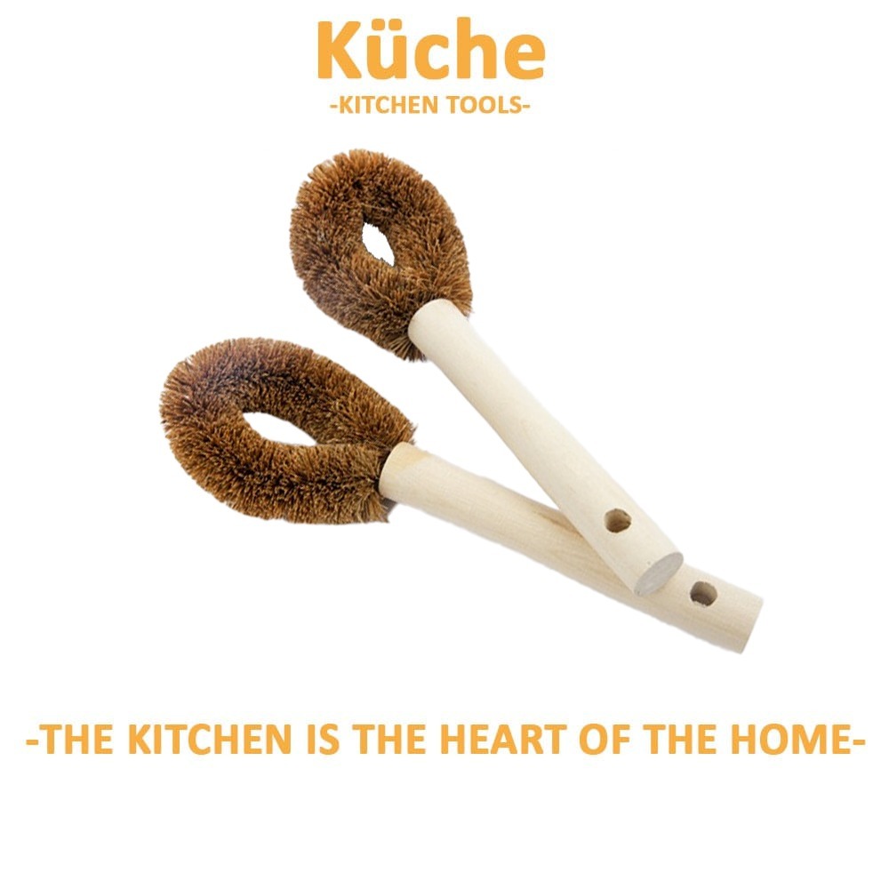 KUCHE Coconut Fiber Coconut Palm Pot Brush with Wooden Handle Nonstick Kitchen Wooden Pot Brush with Long Handle
