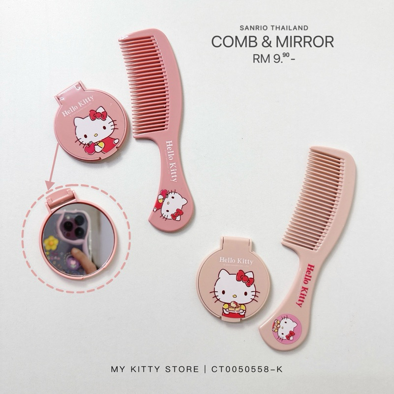 Moshi Moshi X Sanrio Hello Kitty ชุดหวีและกระจกพลาสติกชุดความงาม Sikat Cermin เล็ก