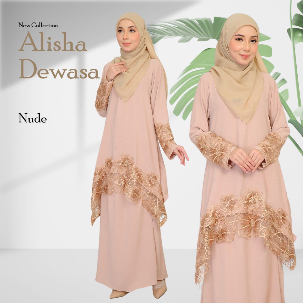 Baju Kurung Alisha ลูกไม้วัสดุผ้าฝ้ายอิตาลี CEY สูท RAYA 2024 ซิปหน้าพร้อมลูกไม้ (IRONLESS)