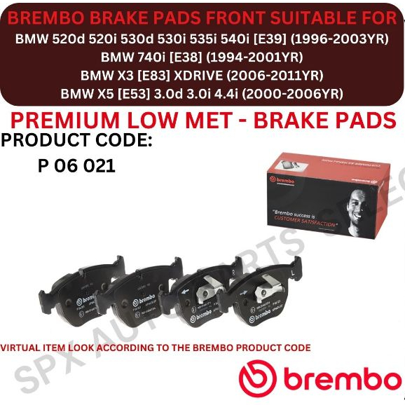 ผ้าเบรก BREMBO (FRONT) สําหรับ BMW 530d 530i 535i 540i [E39] 96-03Y / 740i [E38] / X3 [E83] / X5 [E5