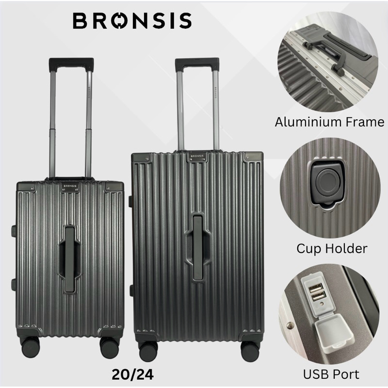 [BRONSIS] กระเป๋าเดินทาง กรอบอลูมิเนียม PC+ABS ขนาด 20 นิ้ว 24 นิ้ว ทนทาน พร้อมที่วางแก้ว และพอร์ต USB