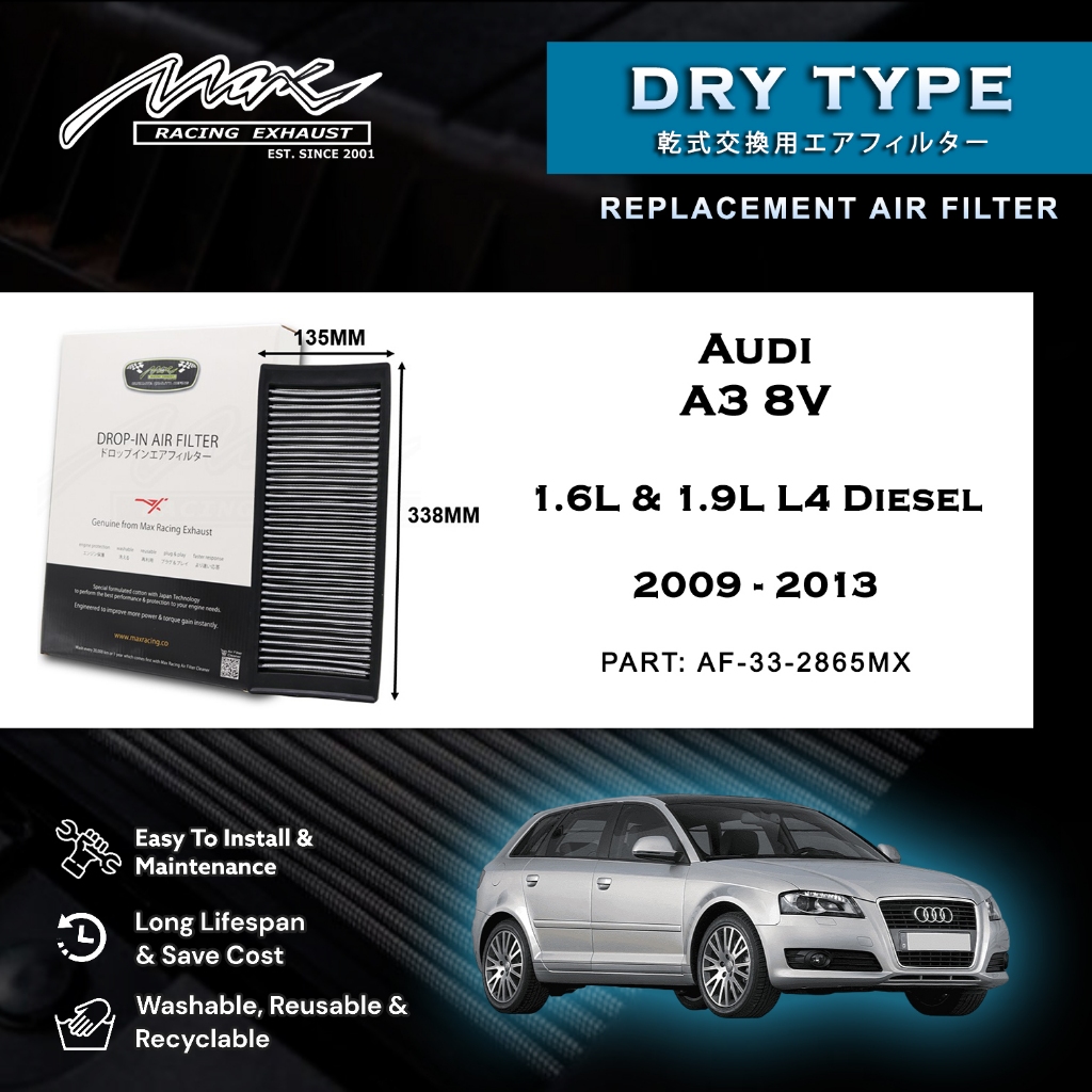 Audi A3 8V 1.6L & 1.9L L4 ดีเซล 2009 ถึง 2013 33-2865MX Max Racing Exhaust Performance Drop-in แห้งป