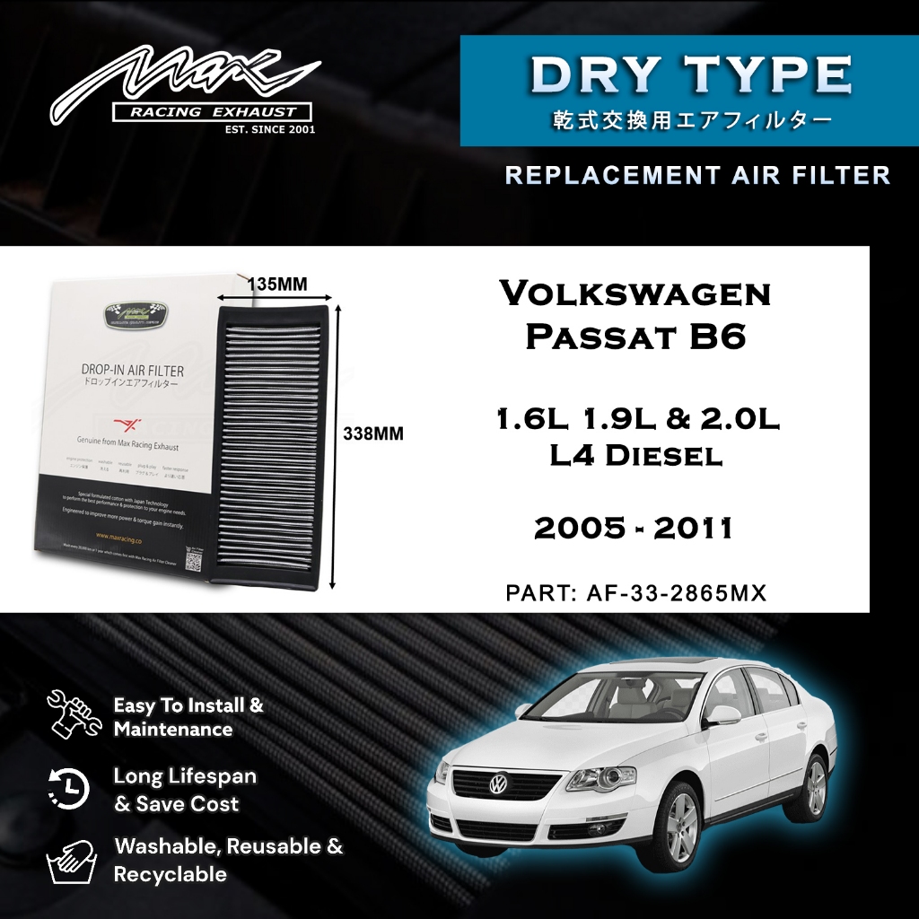 Volkswagen Passat B6 1.6L & 1.9L & 2.0L L4 ดีเซล 2005 ถึง 2011 33-2865MX Max Racing Exhaust Drop-in 