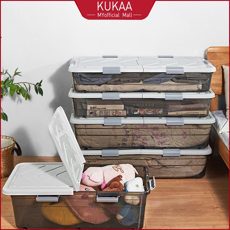 Ikea Oversize Under-Bed Stackable Storage Box พร้อมฝาปิดและล้อพลาสติกใต้เตียงเสื้อผ้า Organizer