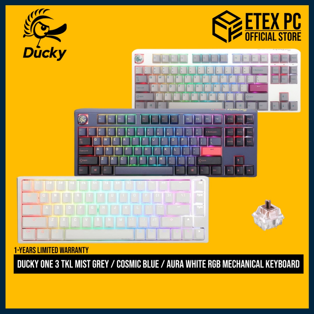Ducky One 3 TKL Mist Grey / Cosmic Blue / Aura White RGB Mechanical Keyboard - Cherry MX Brown