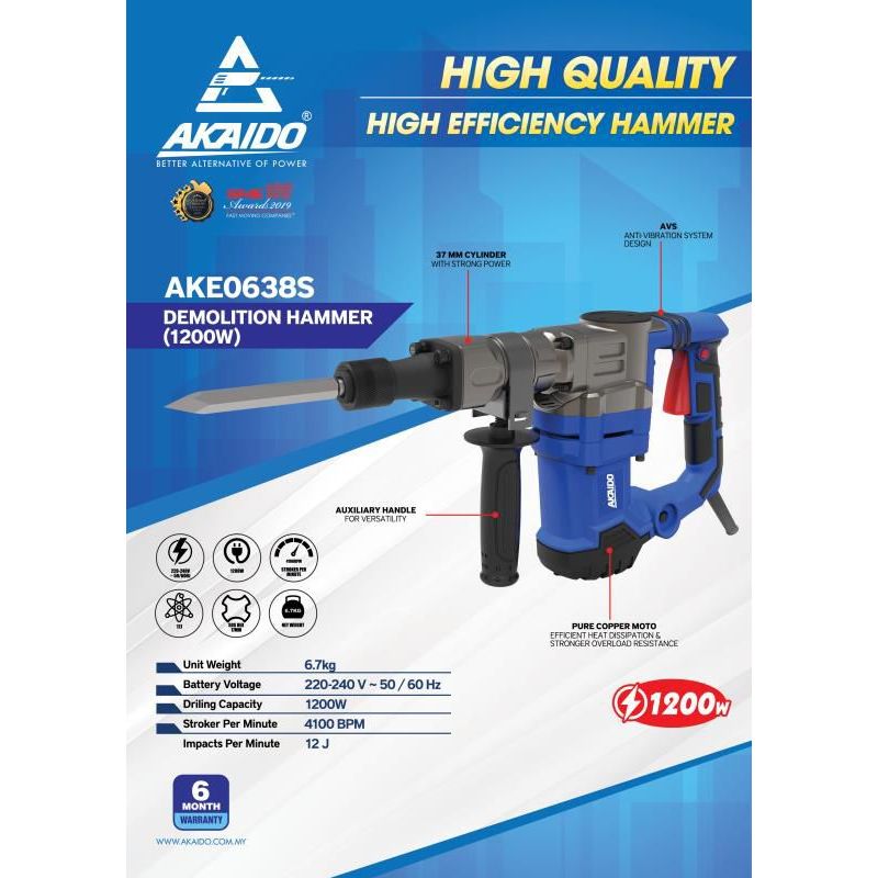 AKAIDO HEAVY DUTY DEMBOLITION HAMMER 1200W P/N : AKE0638S (รับประกัน 6 เดือน)