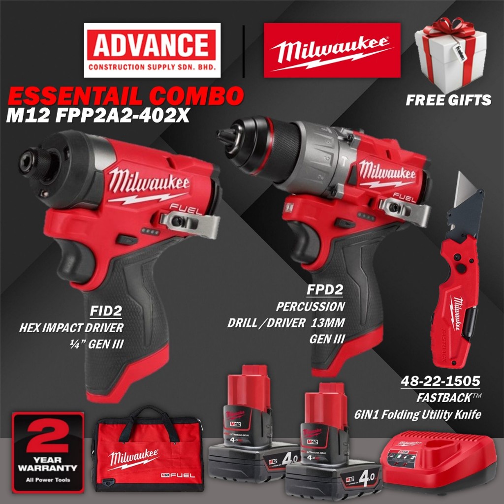 Milwaukee FPP2A2-402X M12 Essential Combo ( FPD2 M12 สว่านเพอร์คัชชัน/Driver & FID2 m12 Hex Impact D
