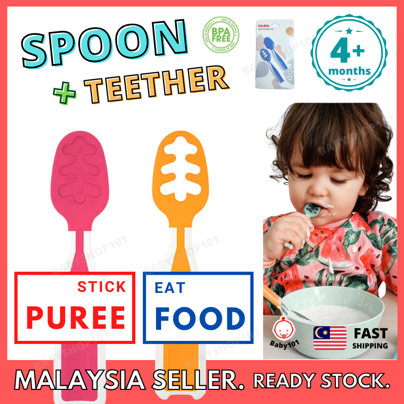 Baby101 BLW Baby First Spoon Training Spoon Teether Set Learn Eat Soft TPE Puree Silicone Safety Bab