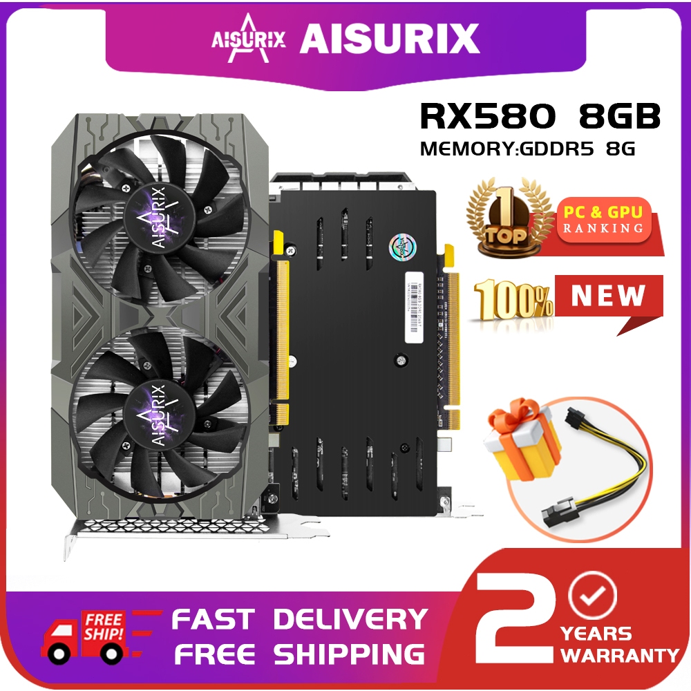 Aisurix ใหม่ RX580 8GB คอมพิวเตอร์ GDDR5 256Bit GPU Radeon AMD การ์ดสําหรับ Gaming Work Office