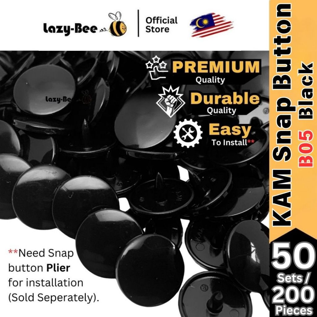 KM090: B5 สีดํา 50 ชุด (200 ชิ้น) T3 T5 T8 KAM ปุ่มสแน็ปตัวยึดพลาสติก DIY เย็บหัตถกรรมผ้าเด็ก GLOSSY