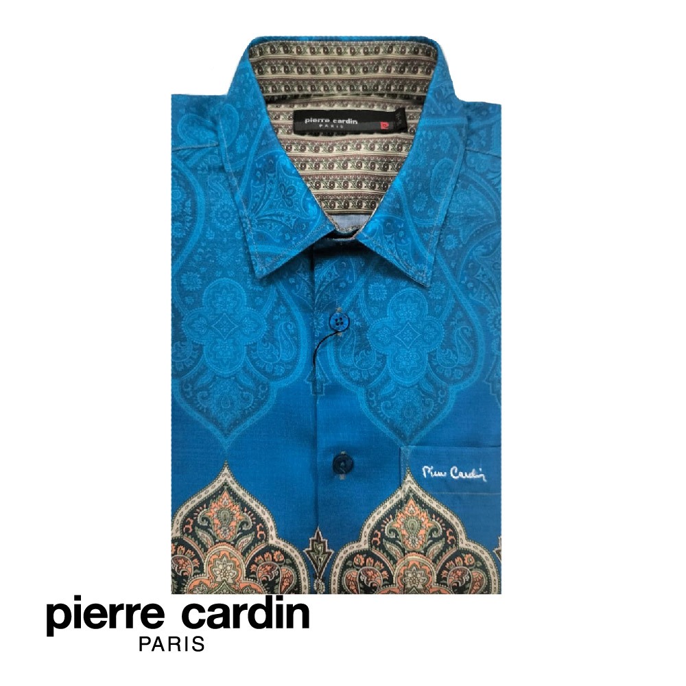 Pierre Cardin เสื้อเชิ้ต แขนสั้น ผู้ชาย ผ้าบาติก ทรงพอดีตัว สีฟ้า W3505B-11410