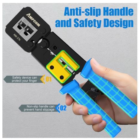 AMPCOM RJ45 Crimp เครื่องมือผ่าน CAT5 CAT5E CAT6 Crimper เครื่องตัด Stripper สําหรับ RJ45 RJ12 RJ11 