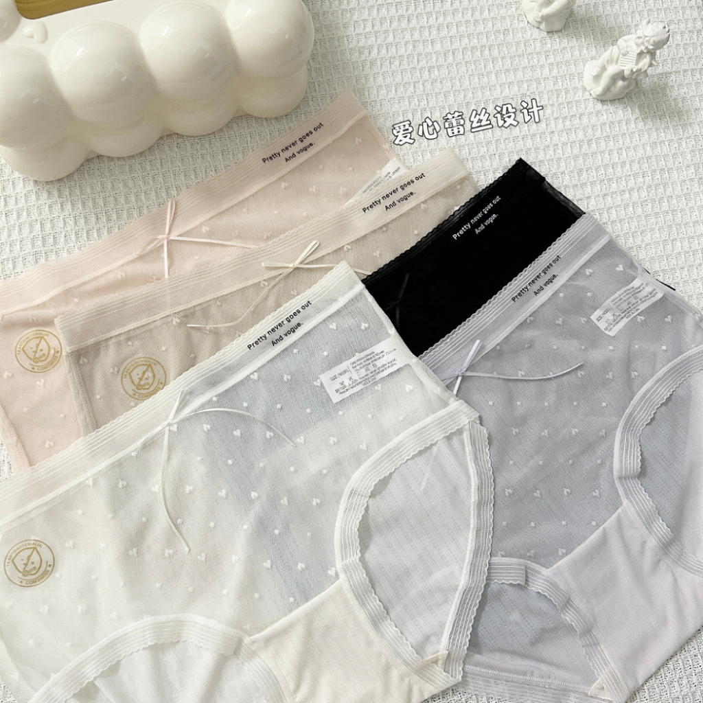 [YiYiSHOP] รักผ้าแจ็คการ์ดลูกไม้ชุดชั้นในสตรีต้านเชื้อแบคทีเรีย爱心提花网全身黑头饰女内裤