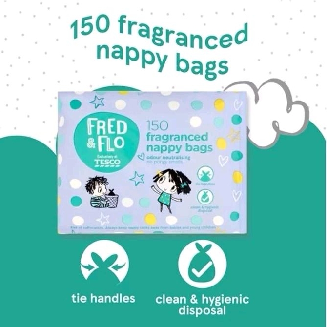 Fred & Flo 150 Nappy Bags กลิ่นหอม Nappy Sacks มีหูผูก และ Odor Neutralizing