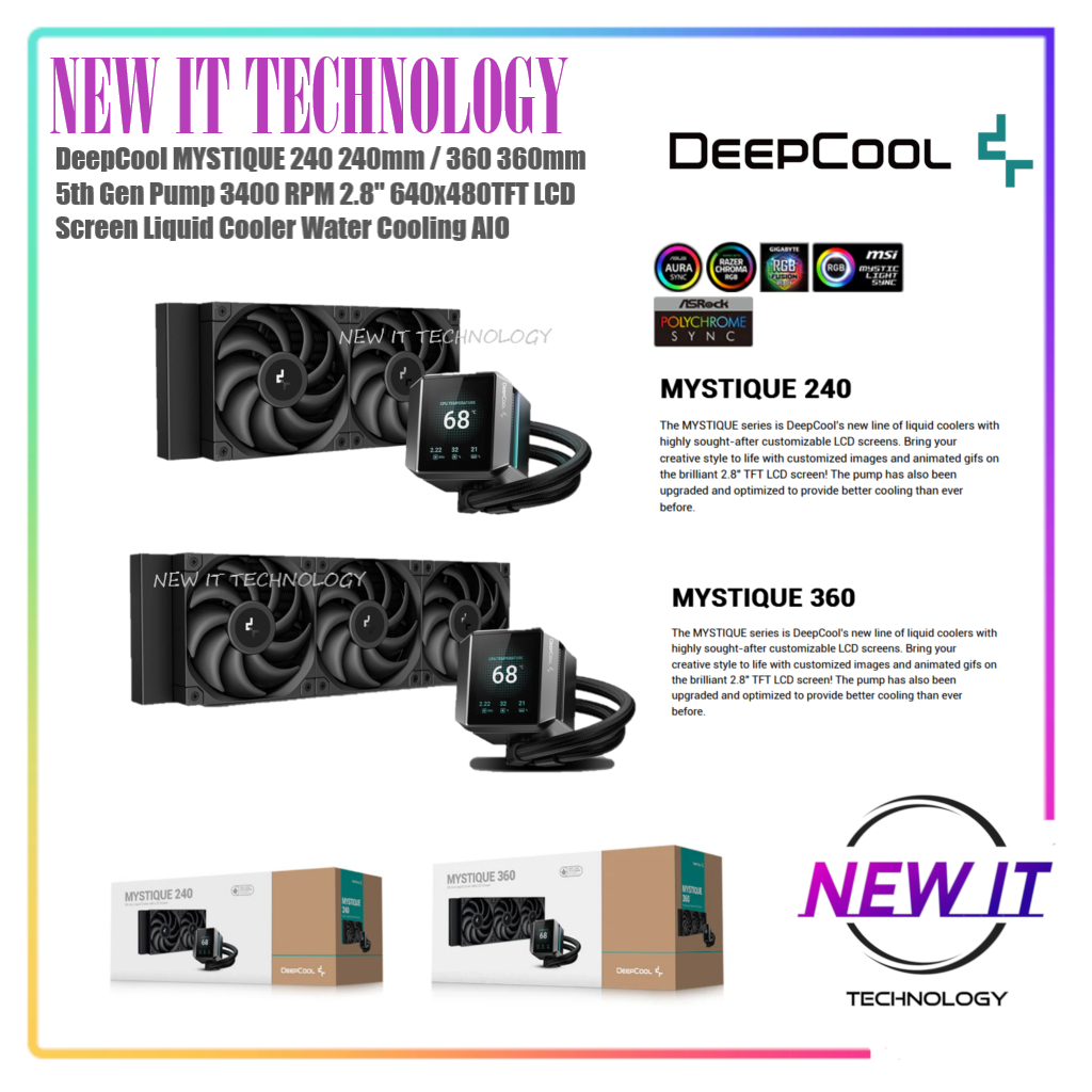 Deepcool MYSTIQUE 240 240 มม.360 มม.5th Gen ปั๊ม 3400RPM 2.8 "640x480 หน้าจอ TFT ARGB Liquid Cooler 