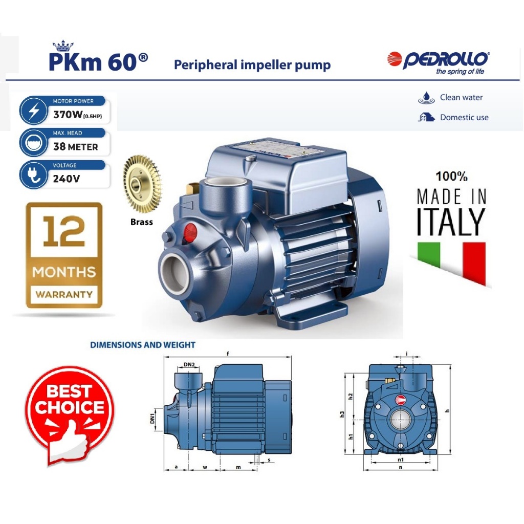 Pedrollo Italy PKm60 (0.5Hp/370W ปั ๊ มใบพัดอุปกรณ ์ ต ่ อพ ่ วง