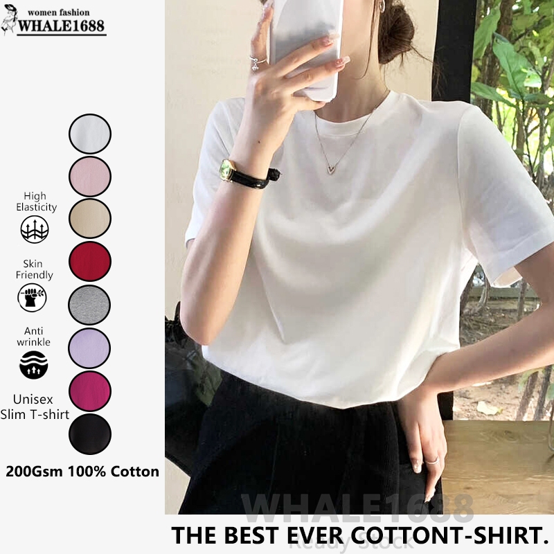 WHALE1688 200GSM ผ้าฝ้ายผู้หญิง TShirt หลวมรอบคอขนาดใหญ่ Unisex ธรรมดาแขนสั้น TShirt ผู้หญิง Baju T 