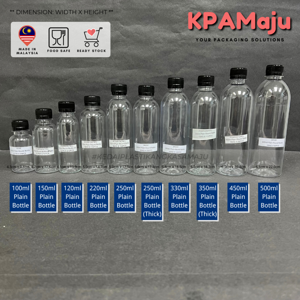 Botol Plastik + ฝาดํา (100ml, 120ml, 150ml, 220ml, 250ml, 330ml, 350ml, 450ml, 500ml) - พลาสติกขวดกลม
