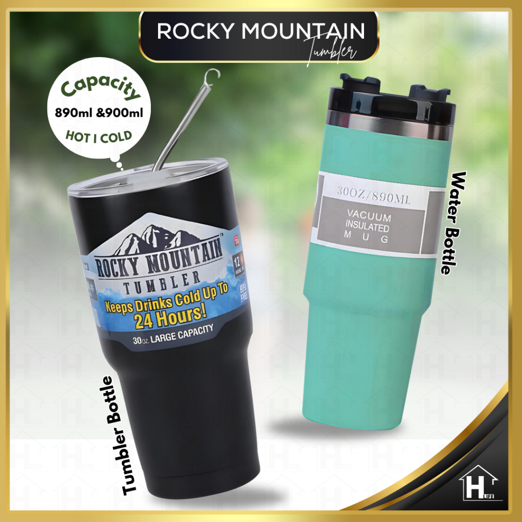 ( 900 มล. ชุดเต็ม ) Rocky Mountain Tumbler ขวดสแตนเลส 304 พร้อมฉนวนฟาง
