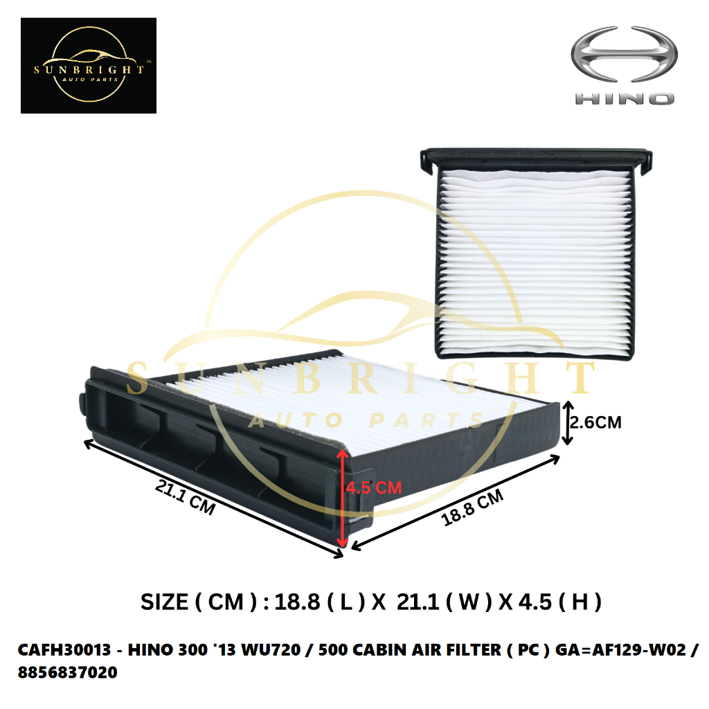 HINO 300 13 WU720 / 500 CABIN AIR FILTER ( PC ) GA=AF129-W02 / 8856837020