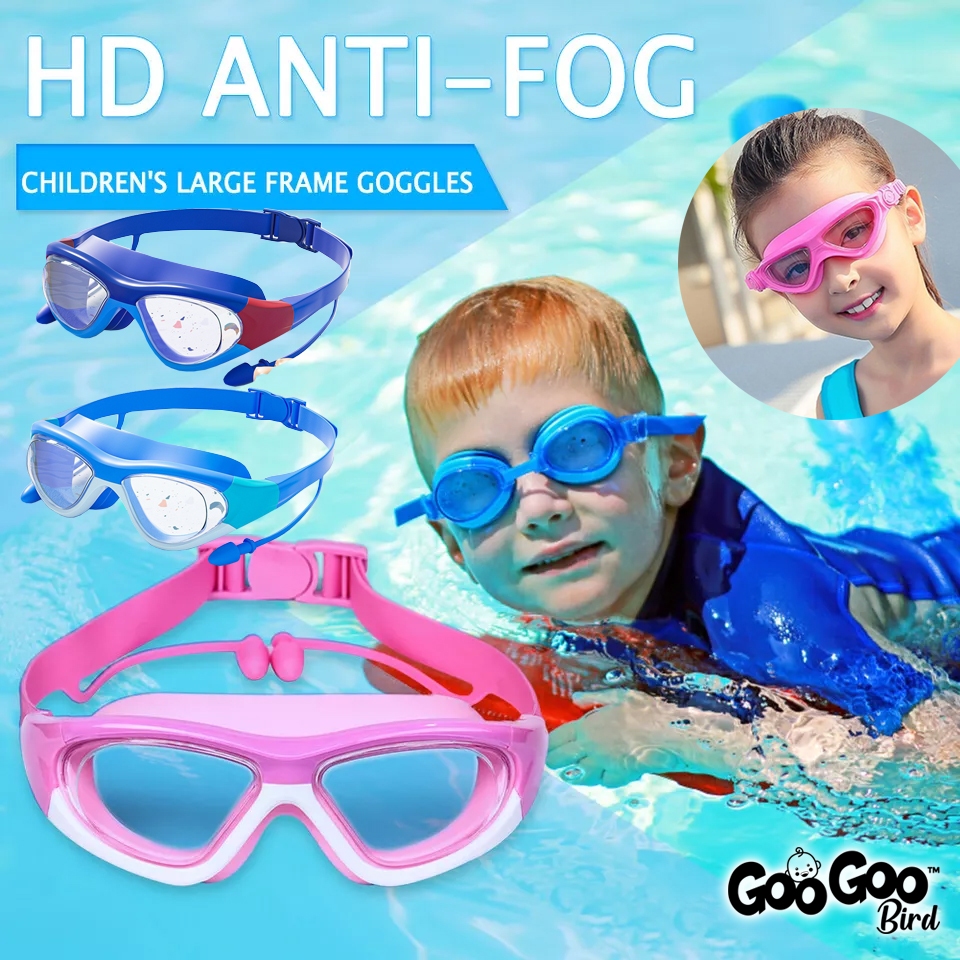 GOO BIRD Anti-Fog คุณภาพความปลอดภัยเด็ก Oversize เด็กแว่นตาว่ายน้ําแว่นตาพร้อมปลั๊กหู